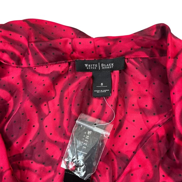 WHBM women's blouse 8 red rose print button down long sleeve top satin feel NWT - Picture 4 of 9